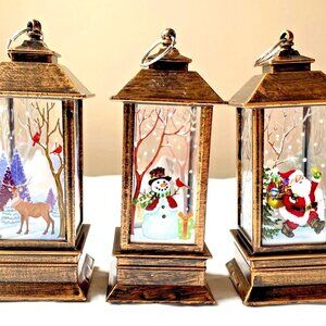 3 New LED Christmas Tree Lantern Ornaments 5" Brass Look.